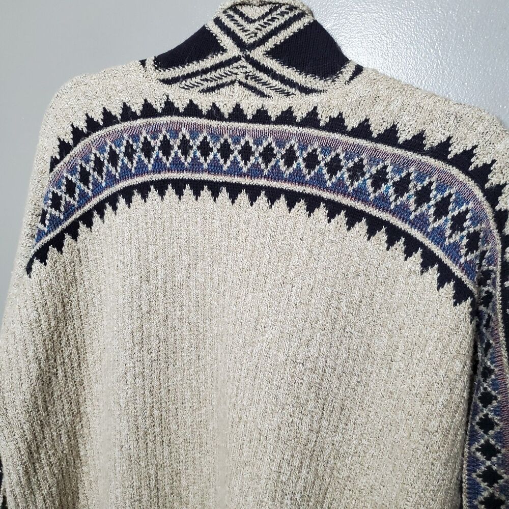Lucky Brand Cardigan Sweater Size L/XL Oatmeal Tribal Aztec Western Open Front - Picture 8 of 12